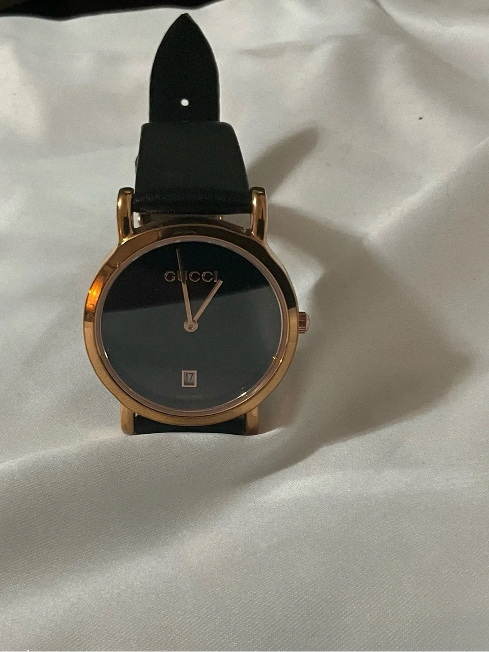 Gucci Black and Gold Minimalist Leather Strap Watch